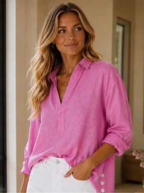 Tahari 100% Linen Button Front Top Size Small Fuchsia Pink